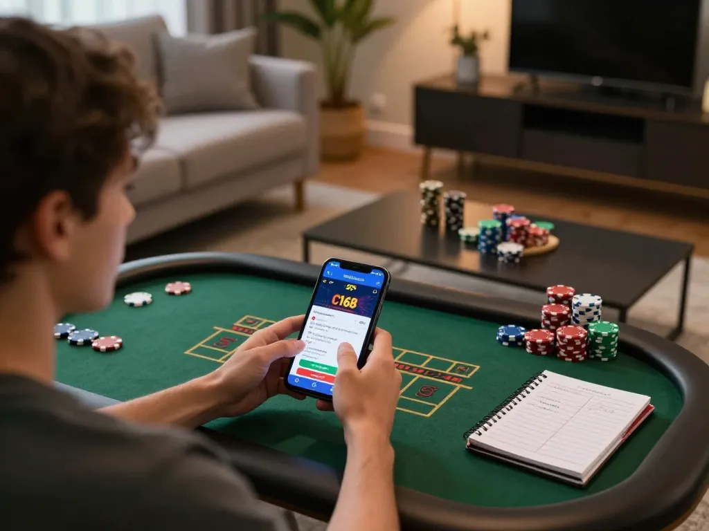 C168 đăng nhập on a mobile device while strategizing at home with casino elements around.