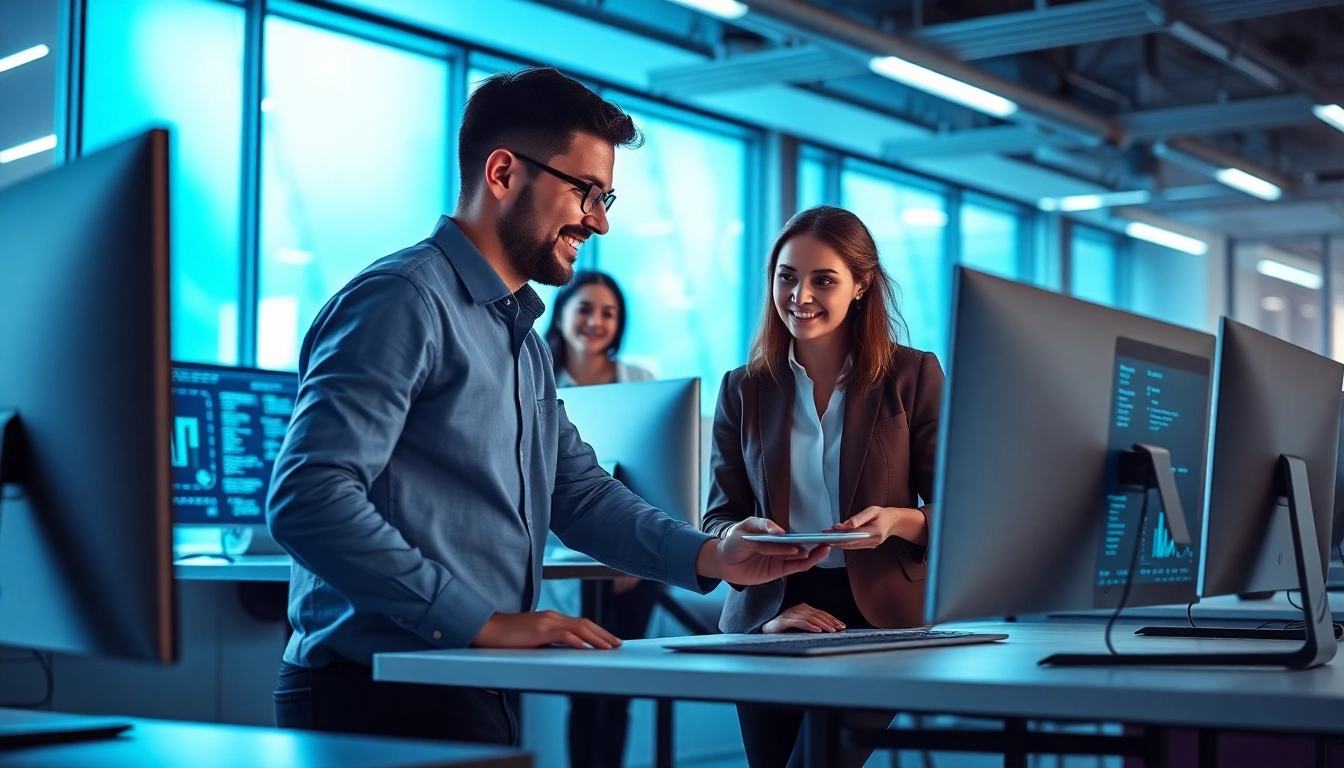 Showcase an enterprise assistant platform enhancing team productivity with digital interfaces in a modern office.