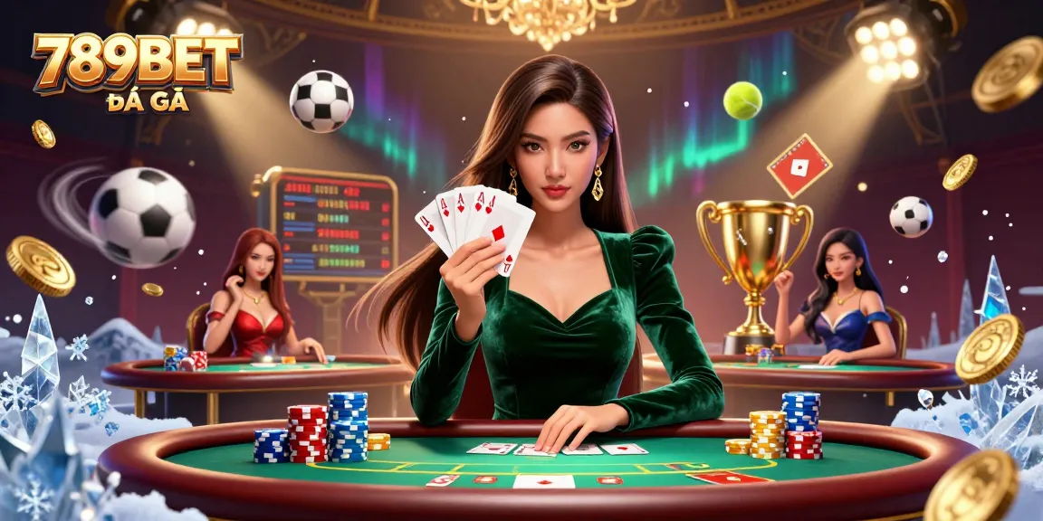 Engage in thrilling 789BET ĐÁ GÀ action with beautiful Asian woman at luxury poker table.