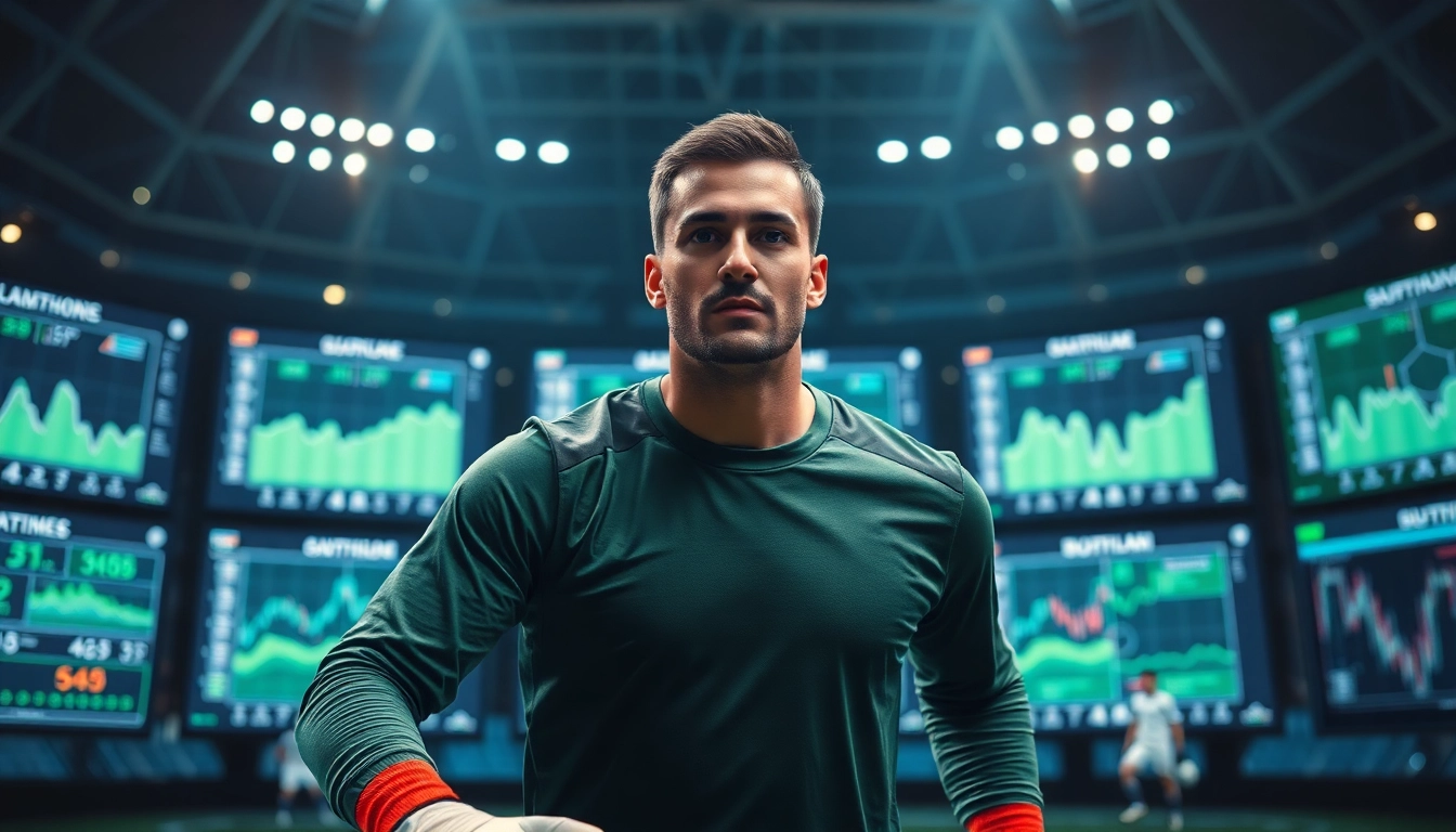 An engaging soccer analysis scene featuring the keyword บ้านผลบอล888 emphasized by a focused goalkeeper amidst dynamic statistics.