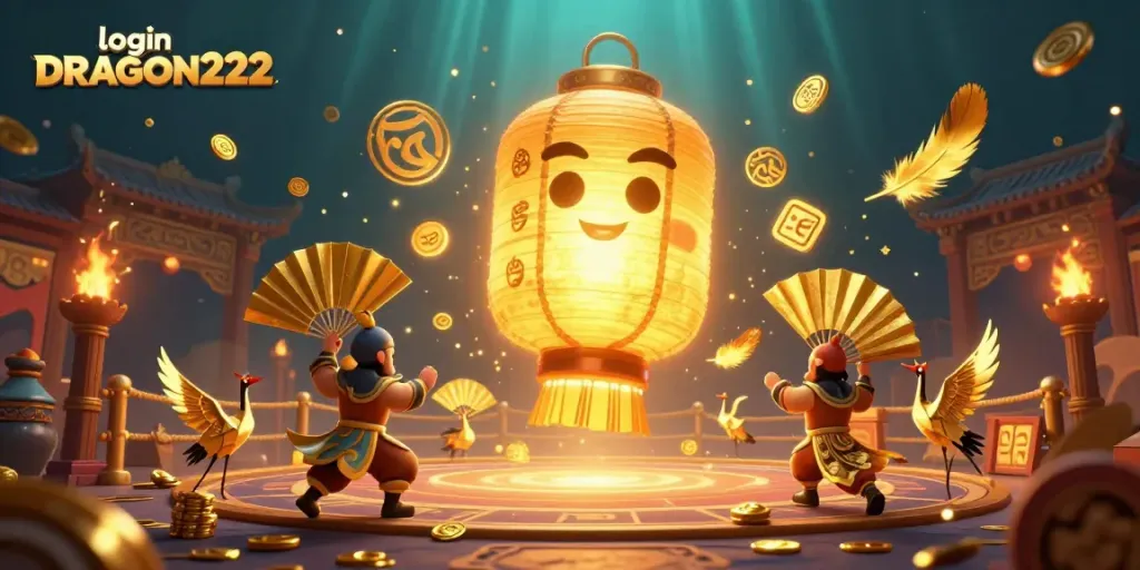 Experience thrilling moments with login DRAGON222's lucky lantern spirit and warriors in an enchanting casino scene.