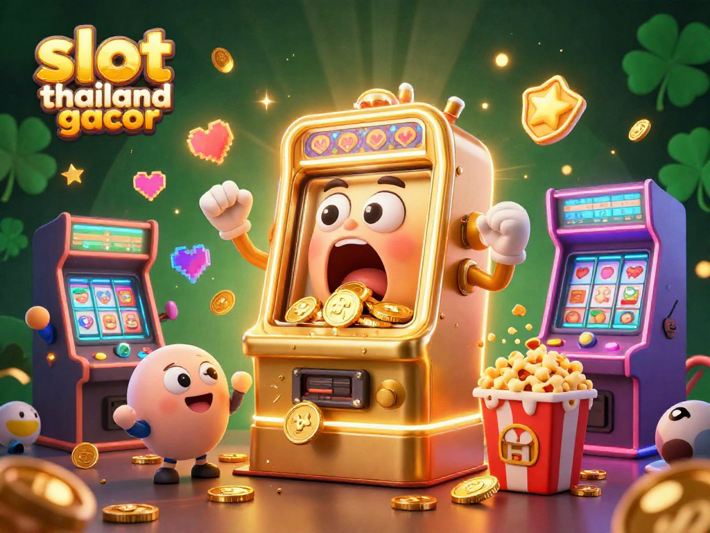 Engaging scene with slot thailand gacor highlighted in a cartoon illustration of a joyful slot machine celebrating its jackpot.
