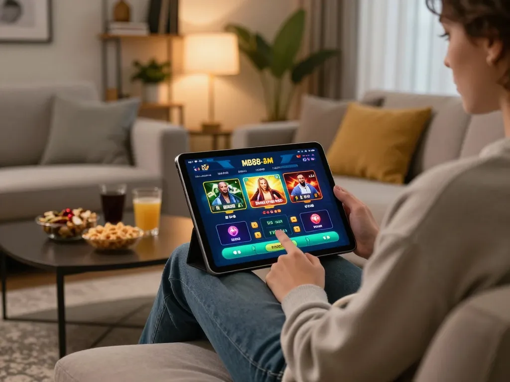 Engaging with the mb88-bm casino app from a cozy home setup, showcasing modern gaming.