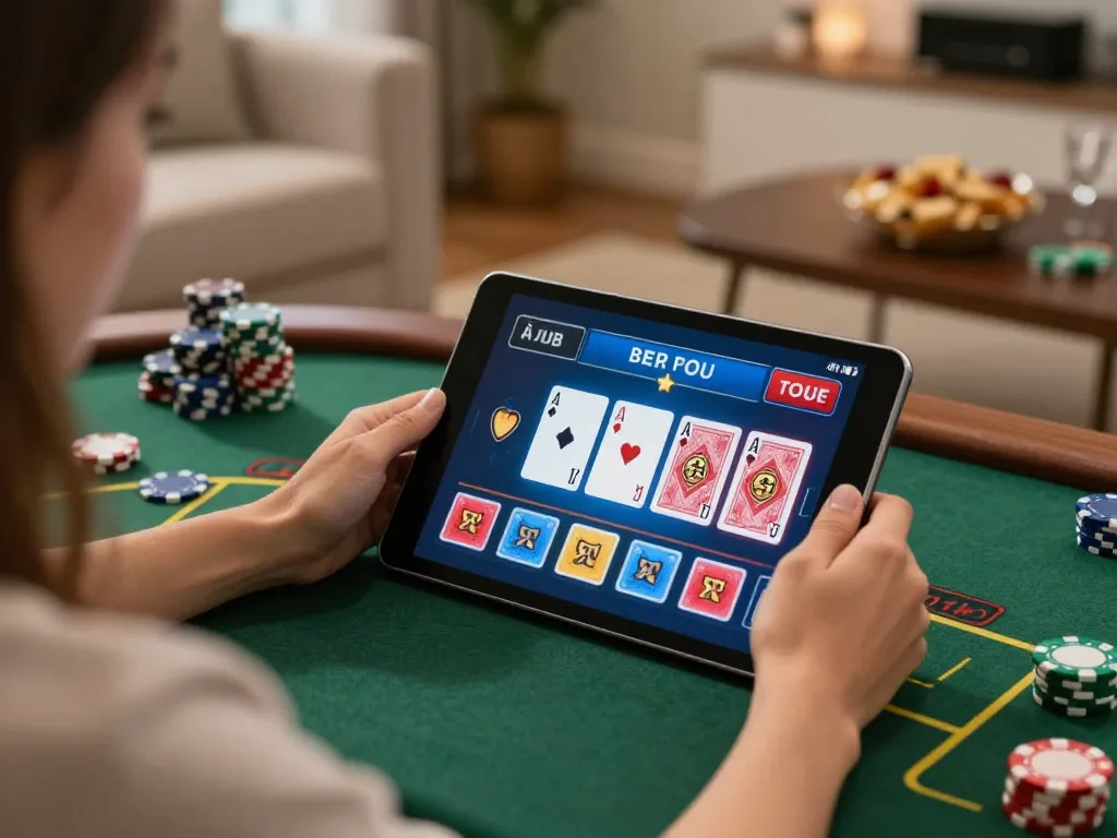 Engaging online gaming session on tablet displaying sc88-bm blackjack interface, cozy home atmosphere.