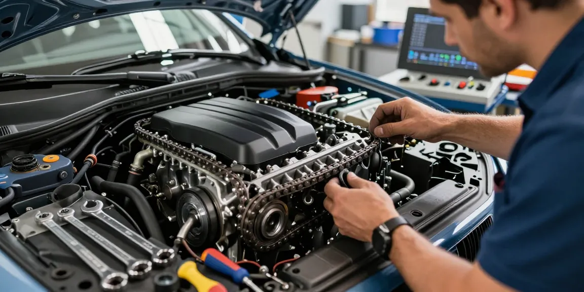 Professioneller Techniker beim BMW steuerkette wechseln in moderner Werkstatt.