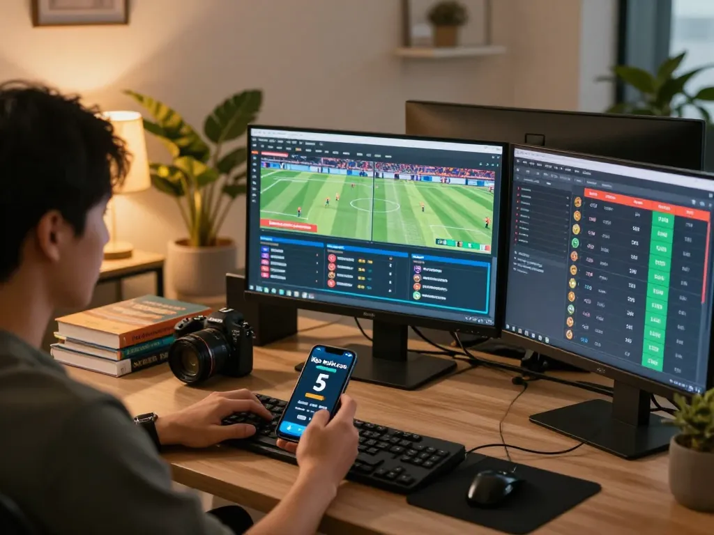 Engaging online sports betting setup showcasing kèo nhà cái 5 odds with multiple screens and strategic elements