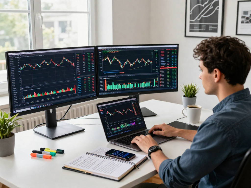 使用TradingView分析金融市场的专业交易员，旁边有实时提醒和市场笔记。