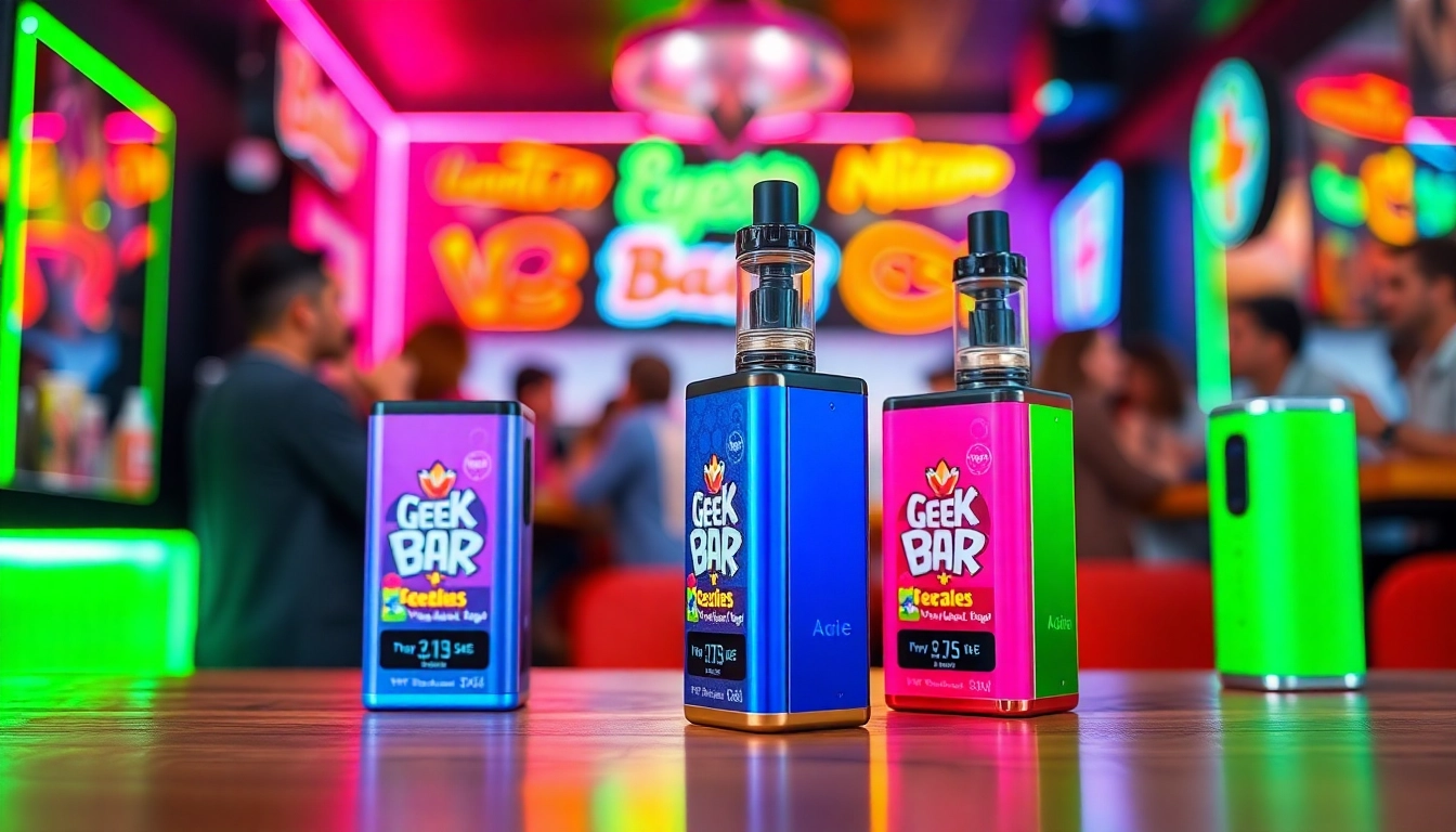 Showcase of geek bar flavors including colorful vape devices in a vibrant setting.