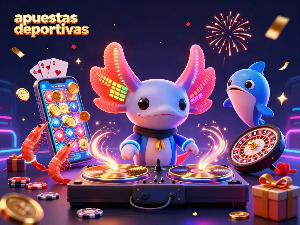 Apuesta deportiva en acción con un DJ axolotl y una infinidad de elementos de juego vibrantes.