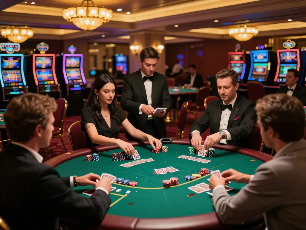 Exciting poker action at cm88-yu casino with players engaged and dealer shuffling cards.