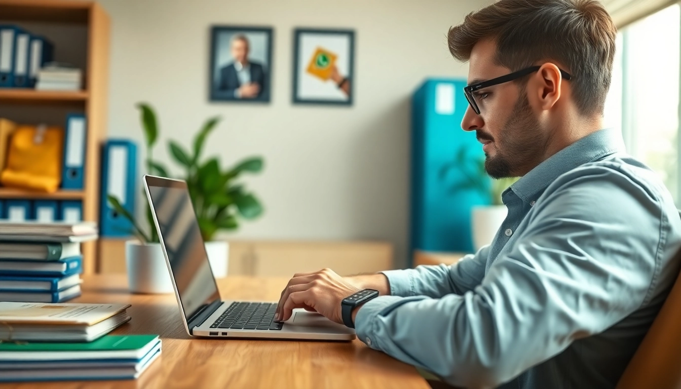Engaging scene of a business owner utilizing WhatsApp Business CRM in a modern office.