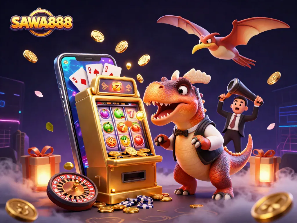 SAWA888 promotional illustration of dinosaur characters interacting with slots and casino elements, creating a fun atmosphere.