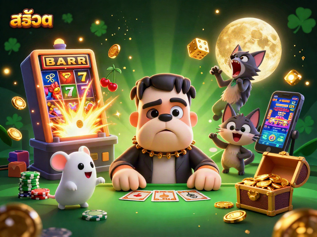 Spin the สล็อต reels with a lively scene of a Frankenstein bulldog dealing cards amidst thrilling casino elements.