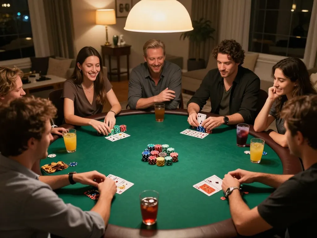 G28-t1 players engaging in strategic poker gameplay at a home game night.