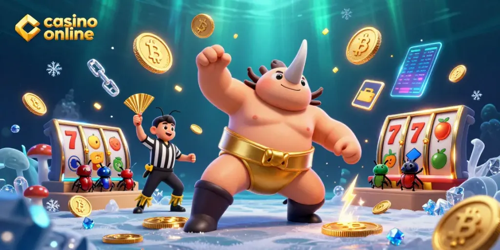 Juega en el casino online mientras el campeón de sumo impulsa monedas doradas al aire.