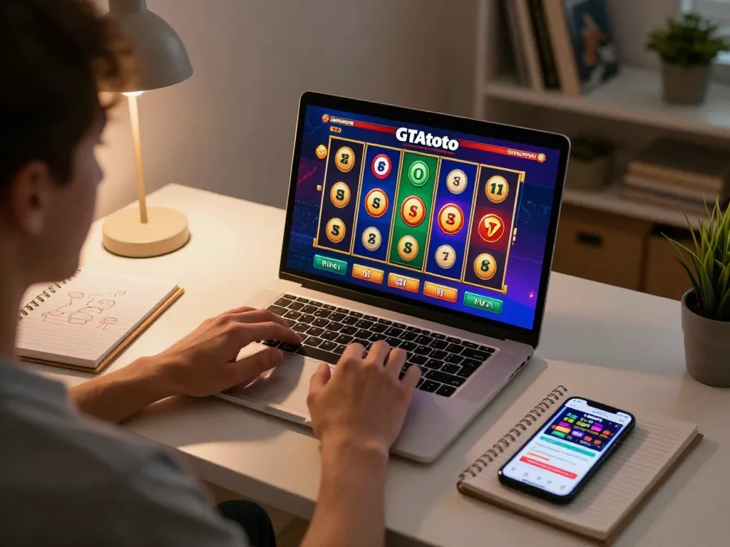 Engaging in GTAtoto online slot gameplay on a laptop, colorful reels showcasing winnings in a cozy home setting