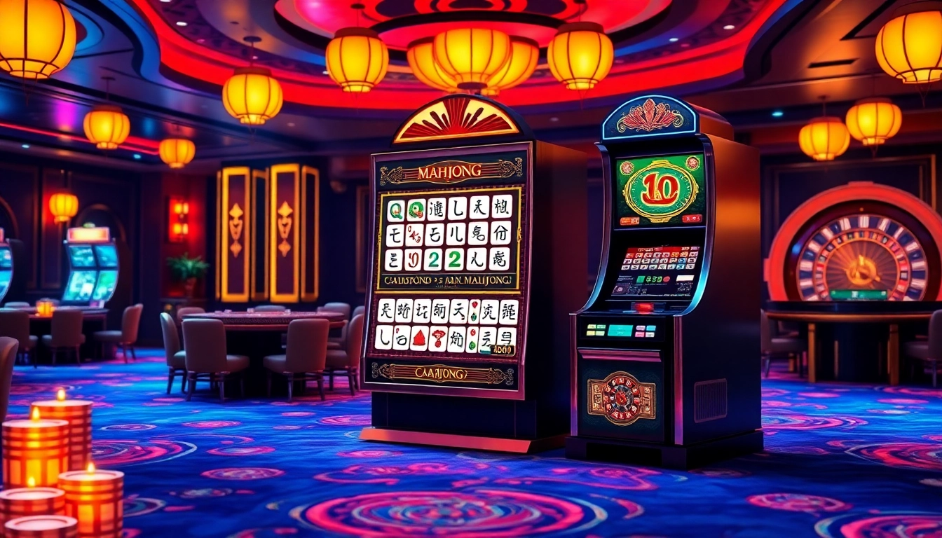 Jelajahi adegan slot demo mahjong yang menarik dengan ubin berwarna-warni dan elemen kasino yang mewah.