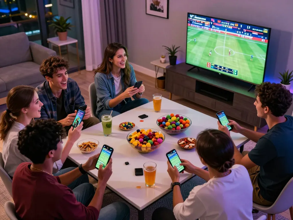 Engaging in sports betting at home using tr88 com app while enjoying a vibrant night with friends.