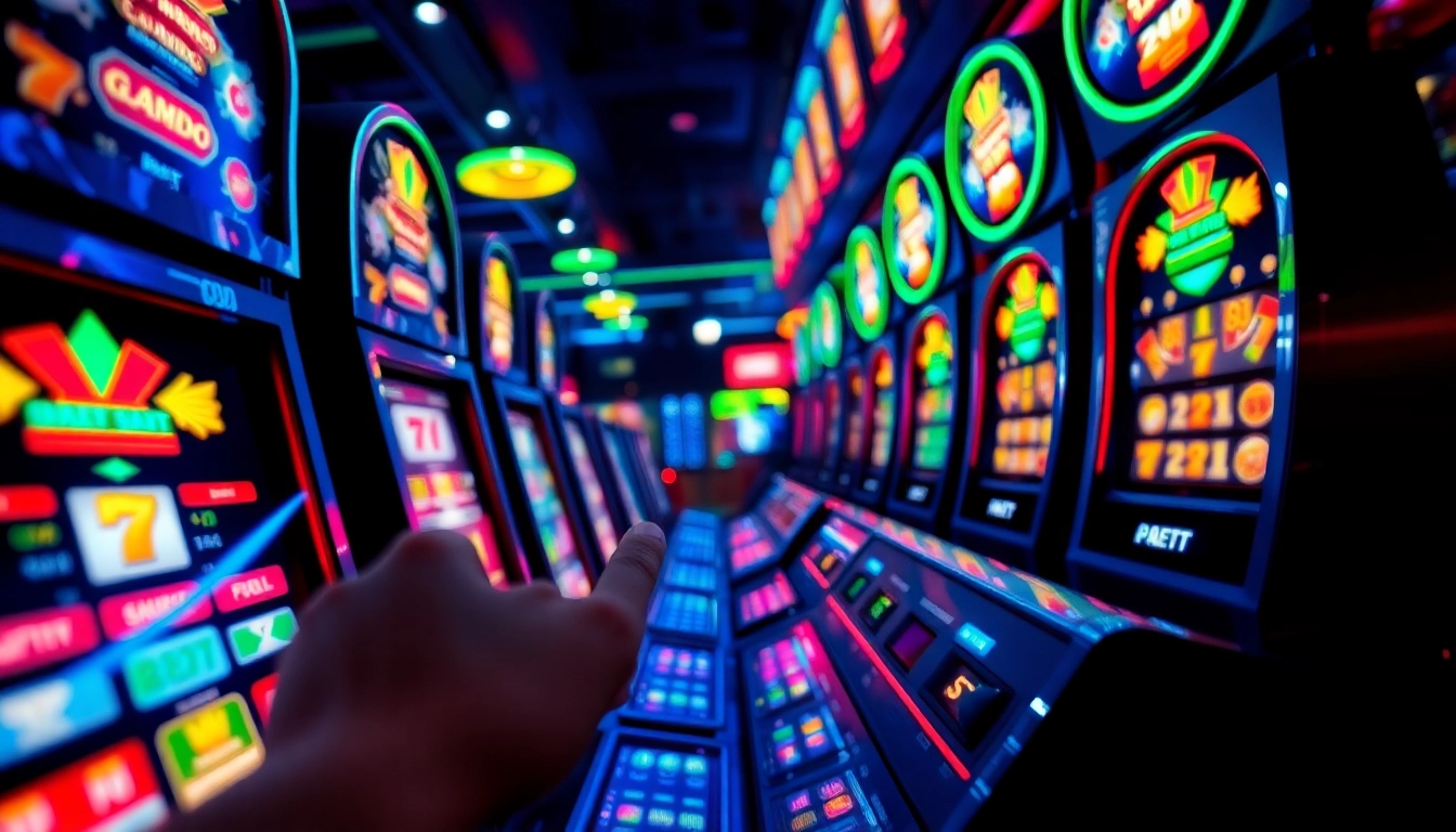 Taruhan slot deposit 1000 dengan mesin slot berwarna-warni di kasino.