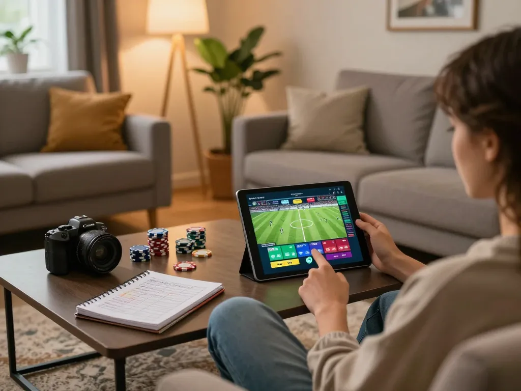 Person using an online betting app on a tablet, illustrating trang cá cược bóng đá uy tín in a cozy living room.