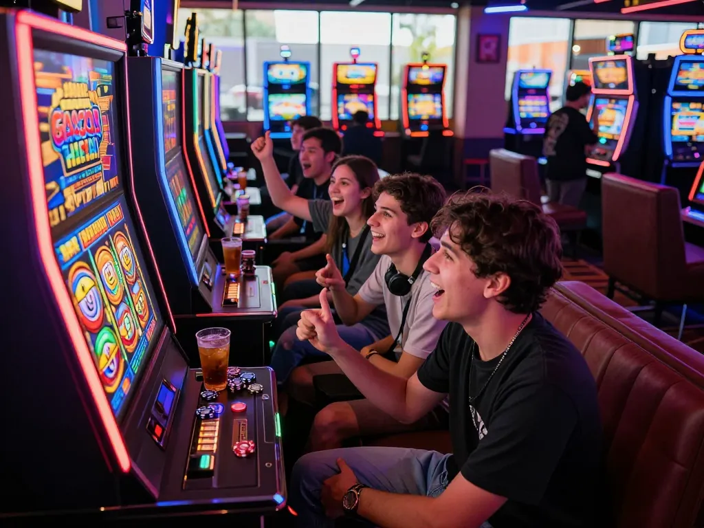 Keceriaan slot gacor hari ini di ruang permainan dengan teman-teman bersorak di sekitar mesin slot yang penuh warna.