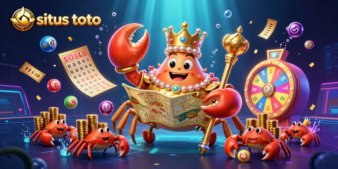 Engage with situs toto in a vibrant, dynamic casino scene featuring a golden crab emperor and lottery elements.
