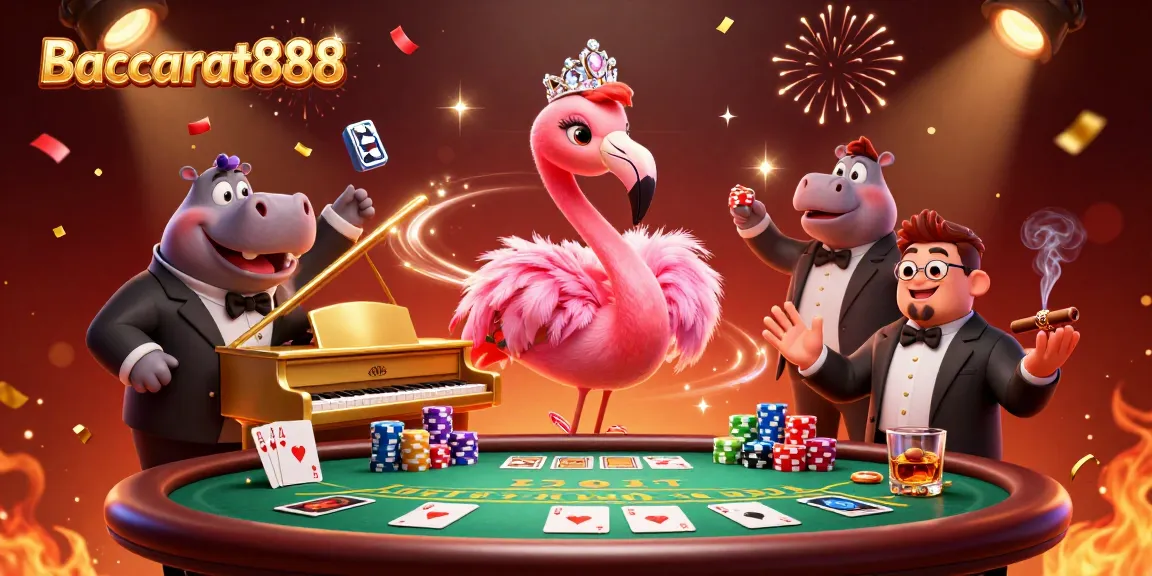 Baccarat888 brings excitement with a vibrant casino scene featuring flamingo singer and hippo bassist.