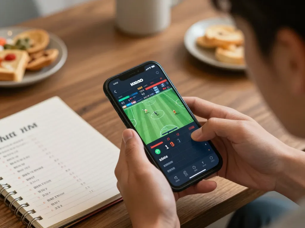 Engaging in online sports betting with ae888 through a smartphone app in a lively home setting.