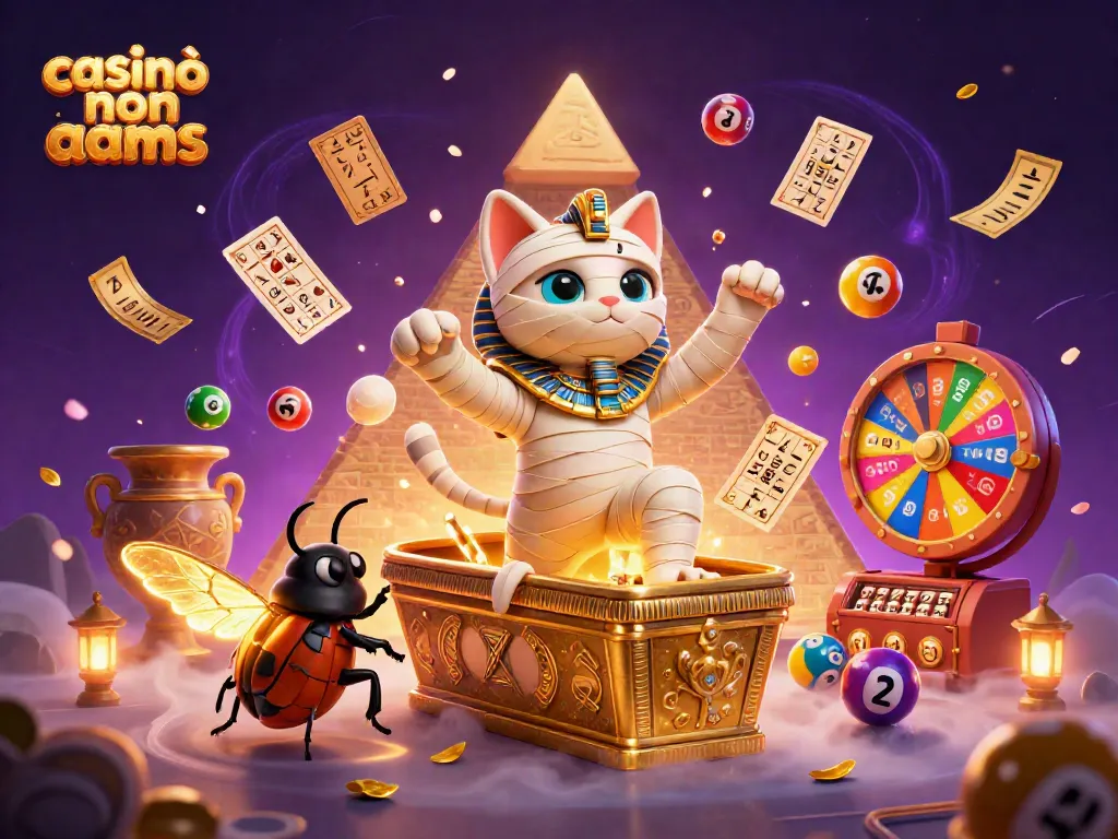 Casinò non AAMS: un gatto mummia egiziano e un scarabeo d'oro in un'illustrazione di casinò avvincente