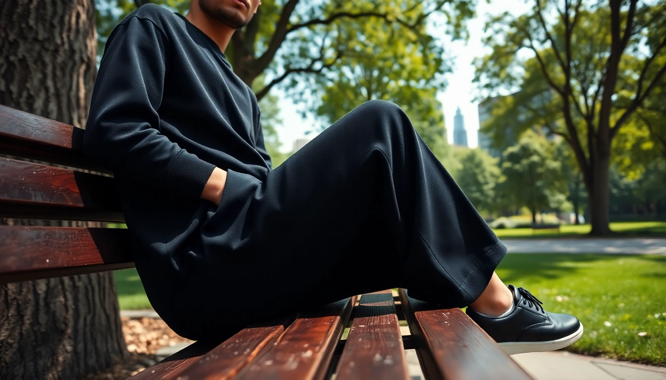 Model enjoying leisure time in black baggy sweatpants at an urban park.