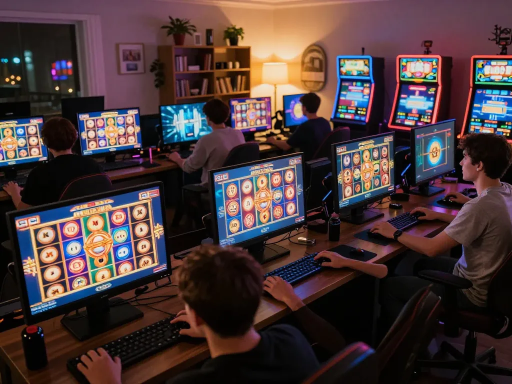 Engaging scene of online players at slot gacor siang ini, celebrating wins while gaming at home