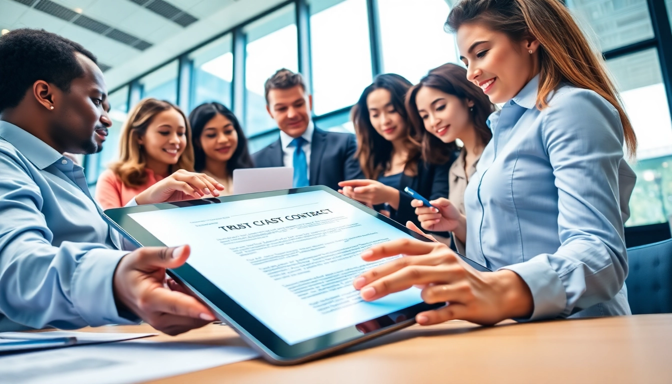 Implement effective Contract Management strategies with a focused team collaborating in a modern office.