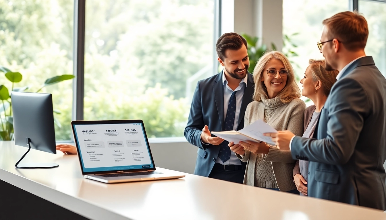 Engaging vehicle service advisors discussing an online warranty quote in a modern office setting.