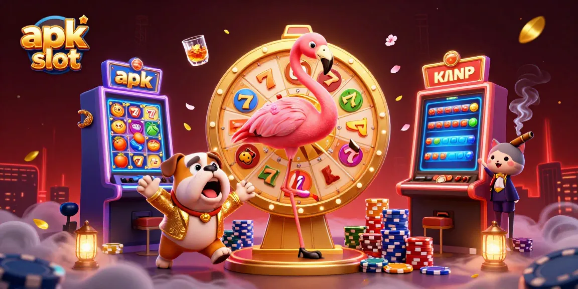 Action-packed scene featuring the apk slot game show with vibrant slots and main characters engaging in a lively contest.