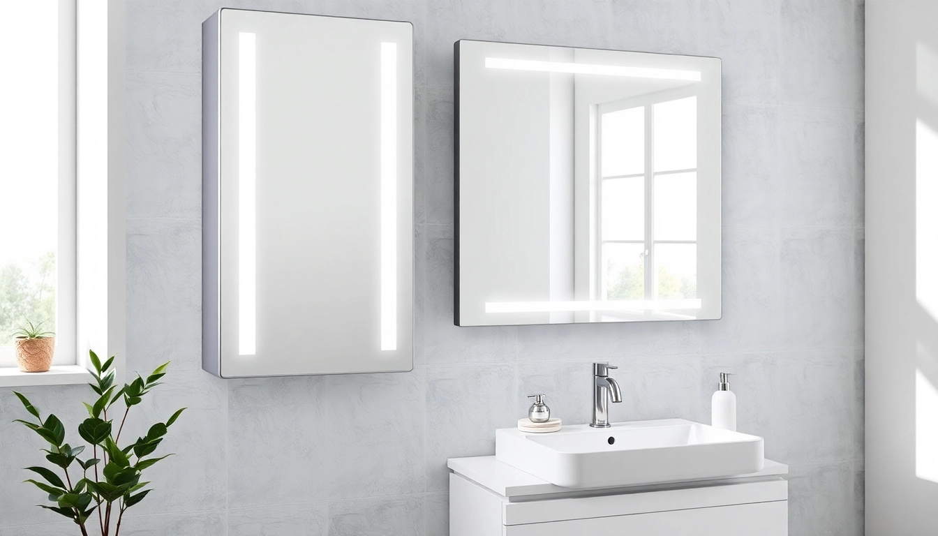 Den hochwertigen sonni Spiegelschrank mit Expertenbeleuchtung im eleganten Badezimmer präsentieren