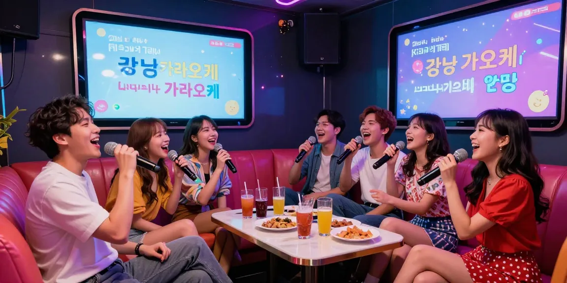 Group singing at a 강남가라오케 venue with vibrant lights and joyful atmosphere.