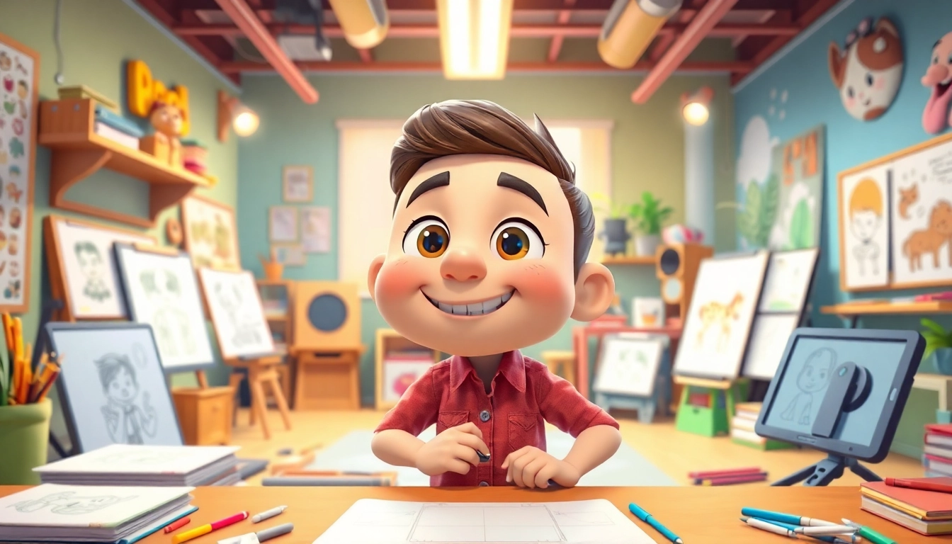 Animation mit 2D Animation in einem kreativen Studio mit Zeichentools und Art Supplies.