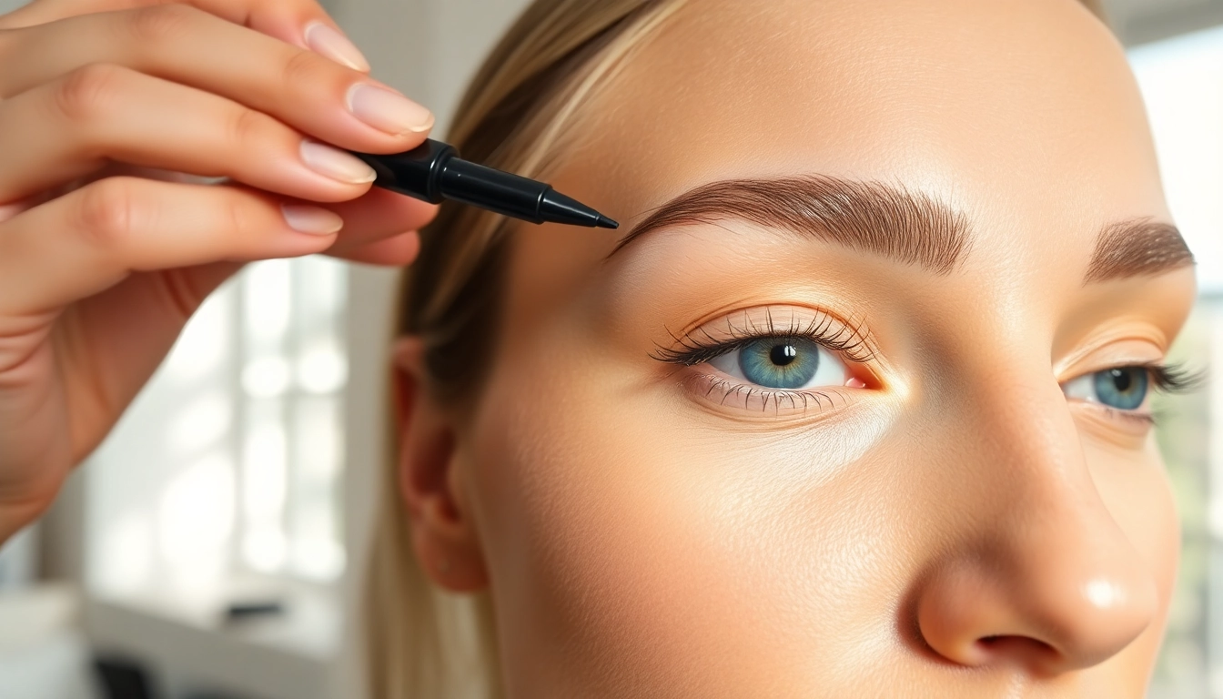 Applying brow pen expertly on model's eyebrow for natural enhancement.