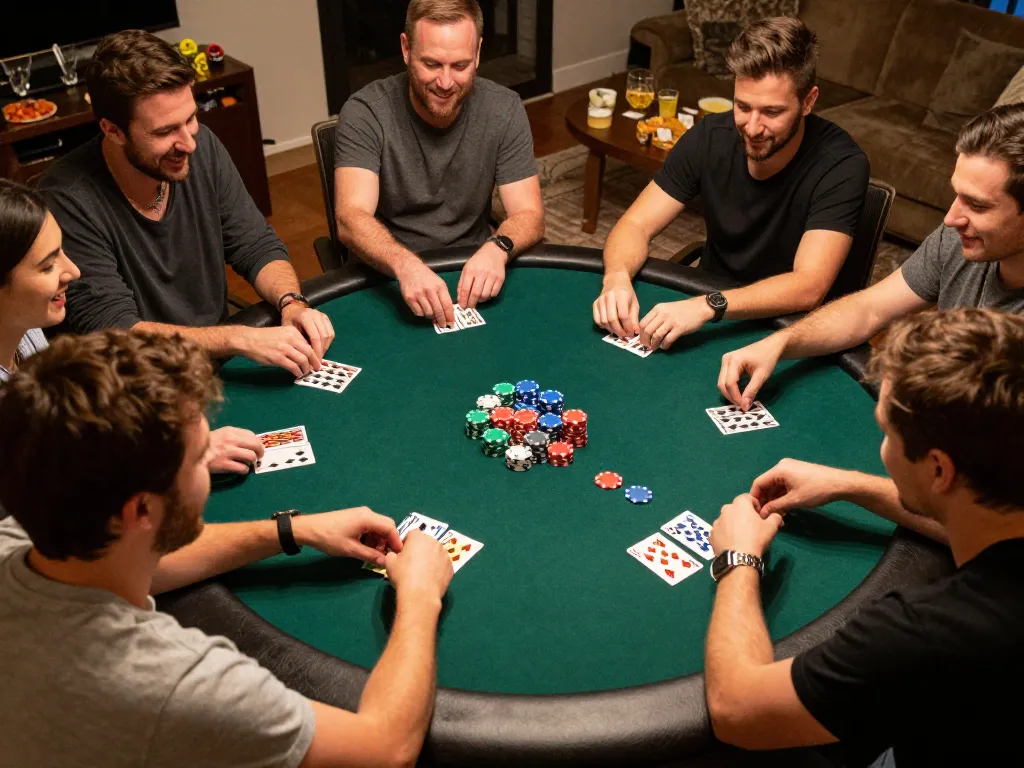 Engaging poker night at home with friends playing cards; 388bet friendly competition.