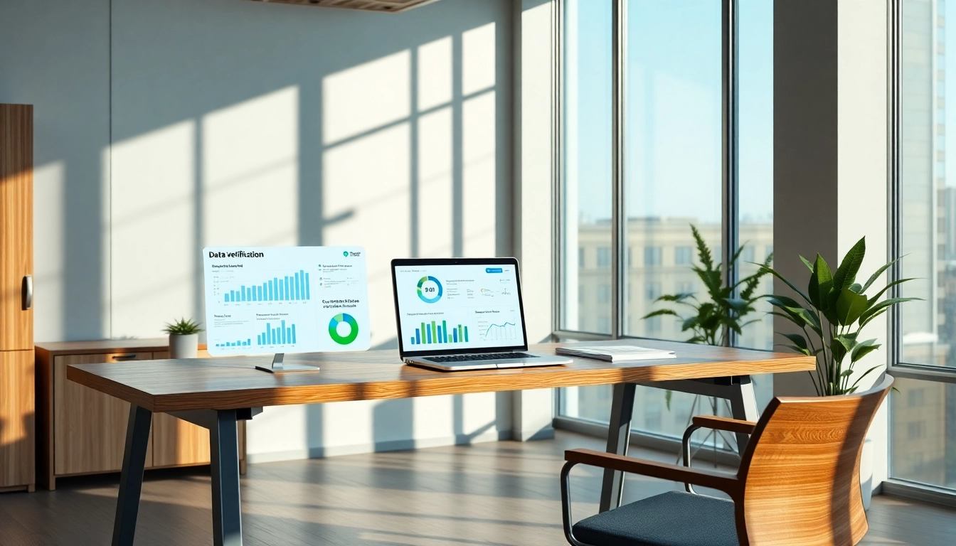 Contact data verification software interface with performance metrics in a modern office setting.