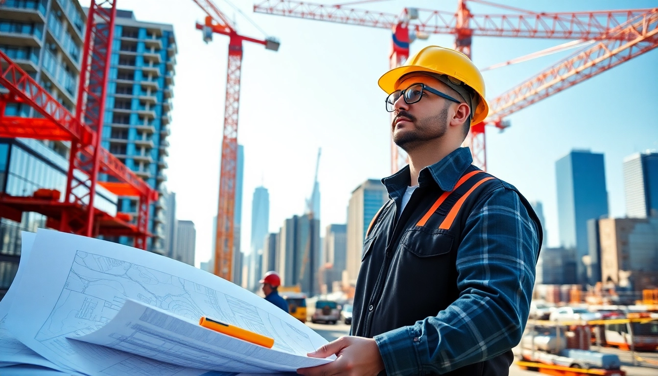 New York General Contractor managing a bustling construction site with cranes and workers.