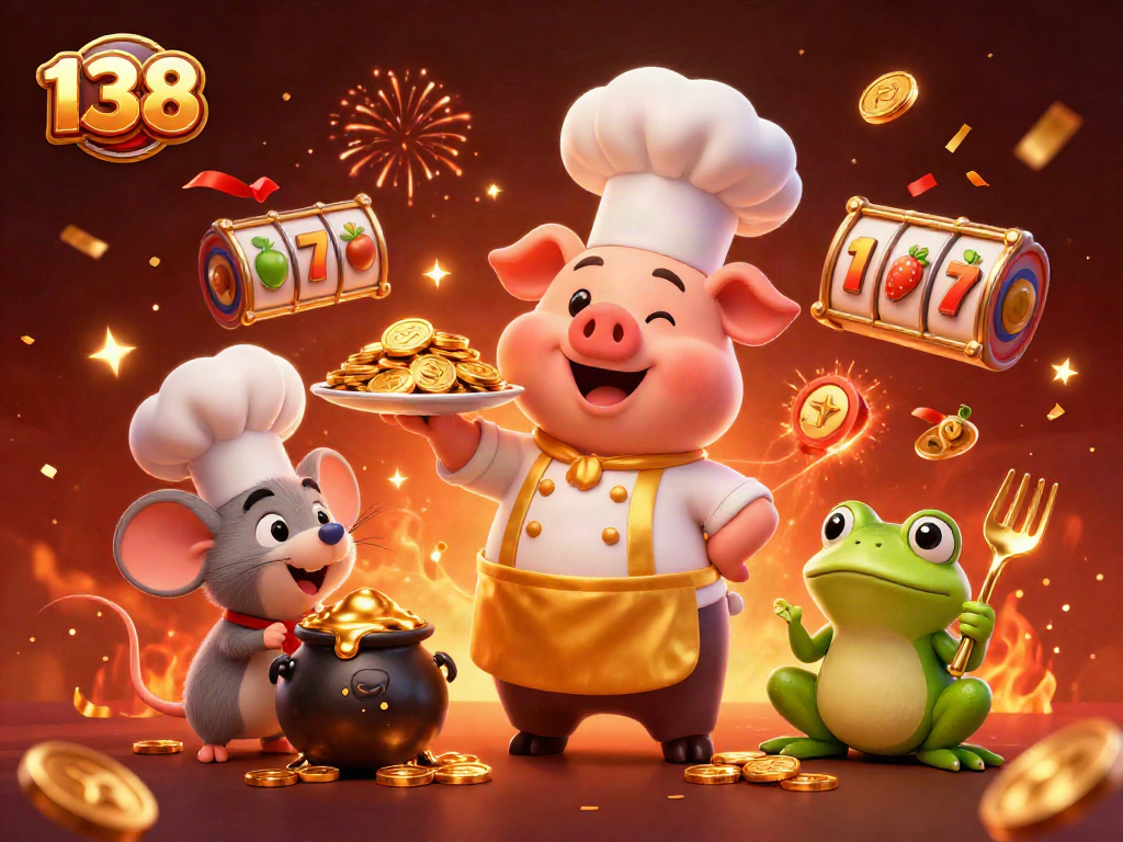 Spin the slots with 138 gold coins in a vibrant casino scene featuring a chef pig and sous-chef mouse.