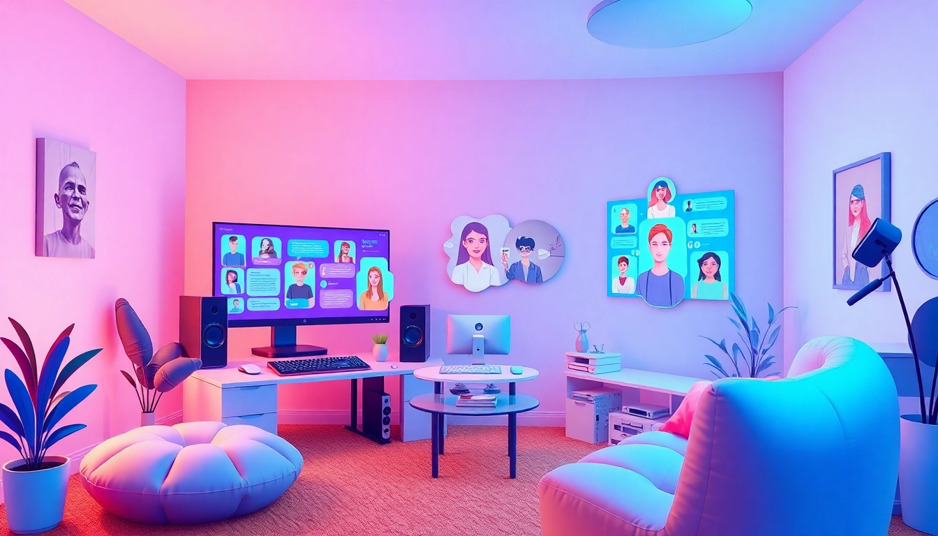 Engaging scene showcasing sex chat AI interactions with diverse characters in a cozy digital environment.