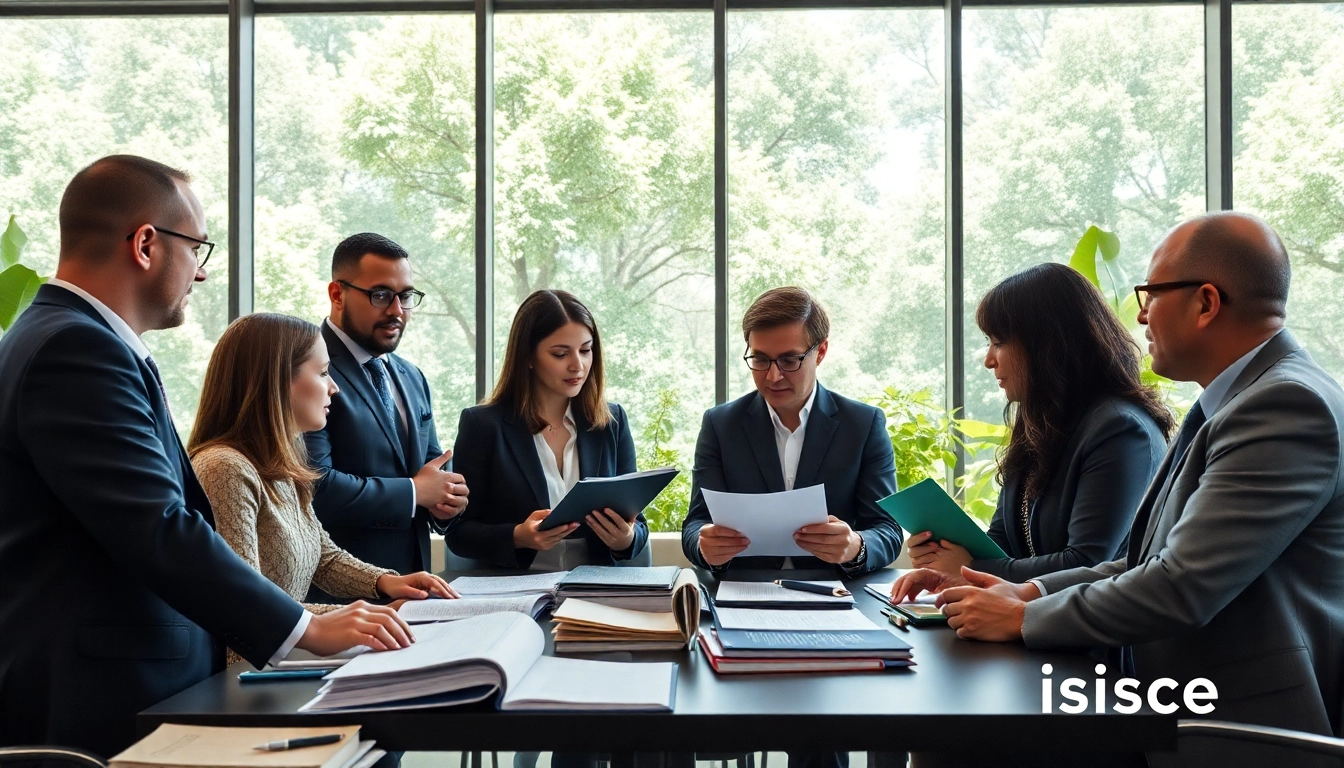 Engaged team at an environmental law firm collaborating in a bright, modern office environment.