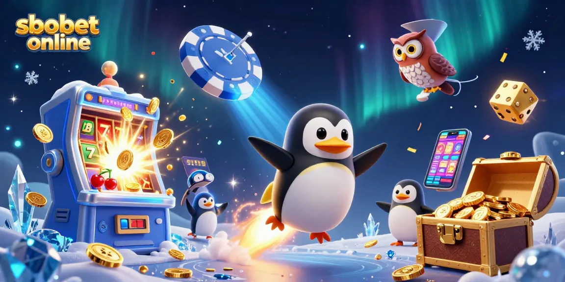 Experience sbobet online excitement with a thrilling casino scene featuring a golden penguin and jackpot elements.