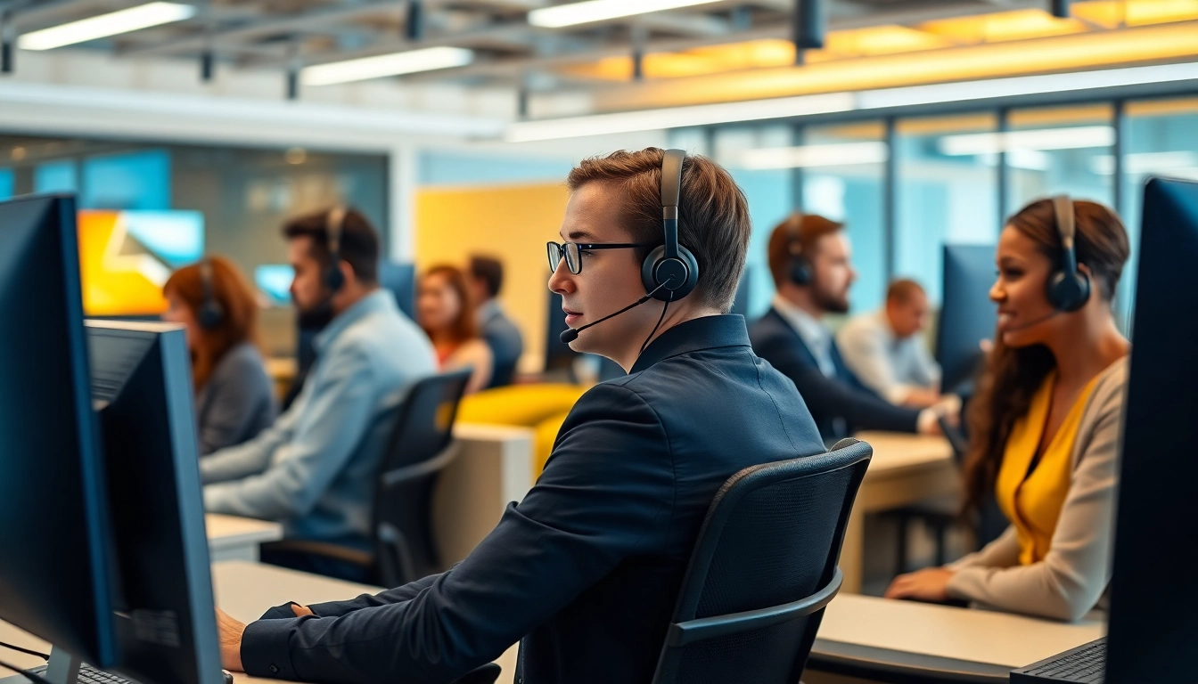 Engaged helpdesk support team provides customer assistance in a modern office setting.