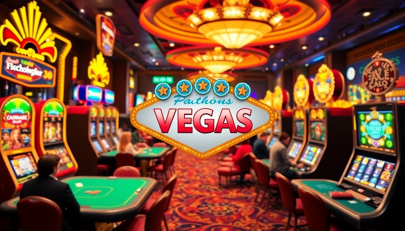 Play the exciting Vegas hero slot machines and card tables in a vibrant casino setting.