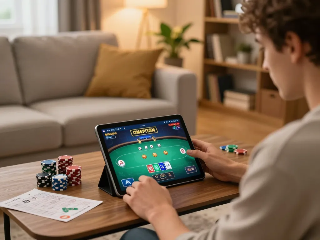 Playing casino online senza registrazione on a tablet in a cozy living room setting