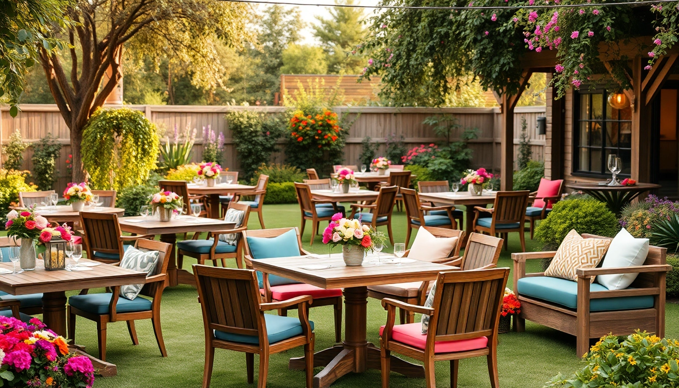 Engaging scene showcasing Table & Chair Rentals set in a vibrant garden, ideal for events.