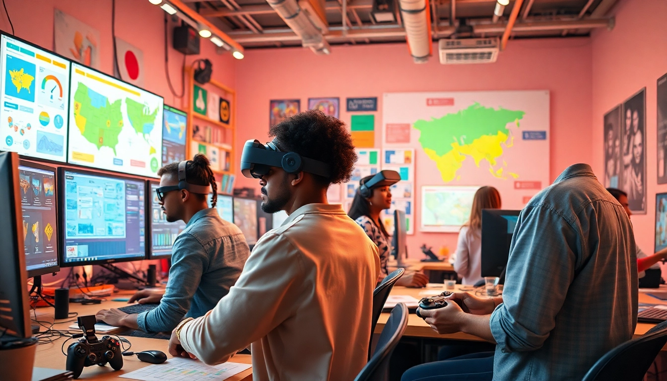 Design a vibrant virtual world depicting creative game-making with Freedom X elements.